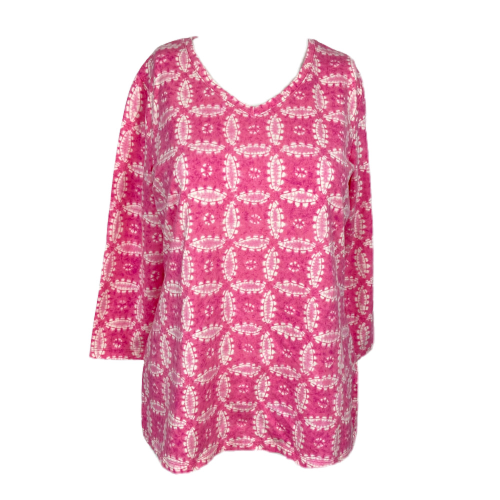 Isaac Mizrahi Live Shirt Womens Sz‎ XS Pink Medallion Cotton Top V Neck Printed